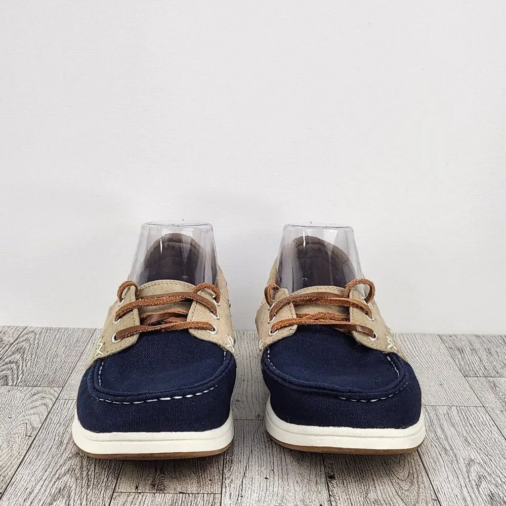 Khombu Womens Boat Shoe Sz 9.5 Tan Navy Sporty Summer Boating Sailing Deck Shoe